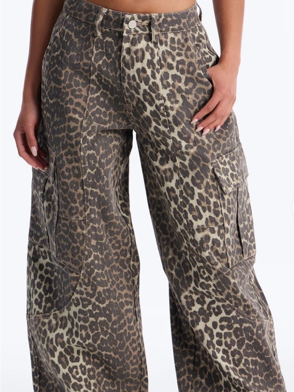 Leopard Print Wide-Leg Cargo Pants - Brown